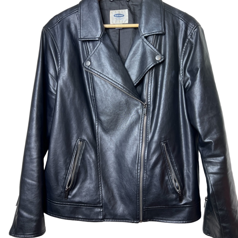 OLD NAVY Women's Vegan Black Faux Leather Moto Biker Jacket Size XL Full Zipper